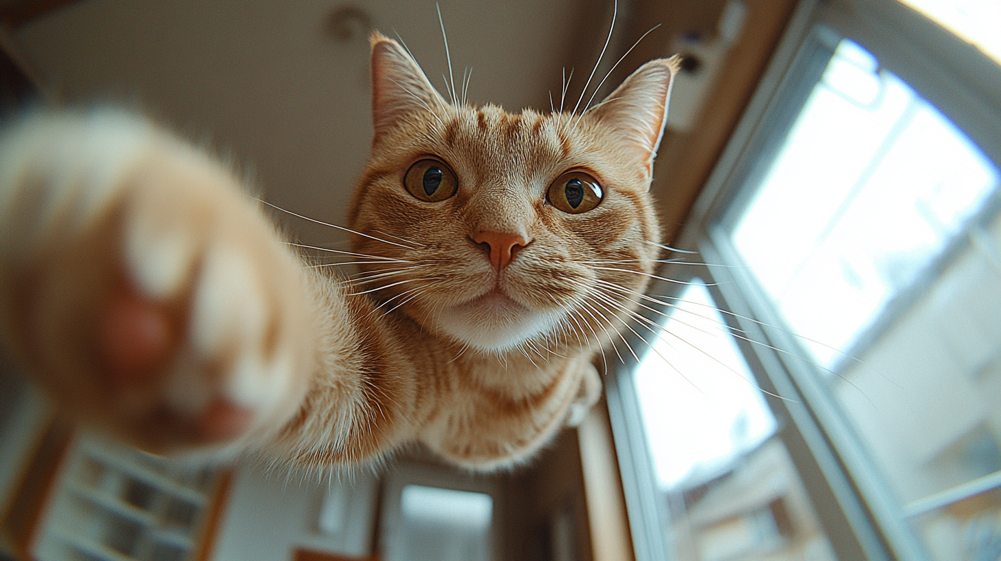 Low-angle fisheye shot of a cat playing indoors against a white wall background, creating a playful, wide-eyed perspective.