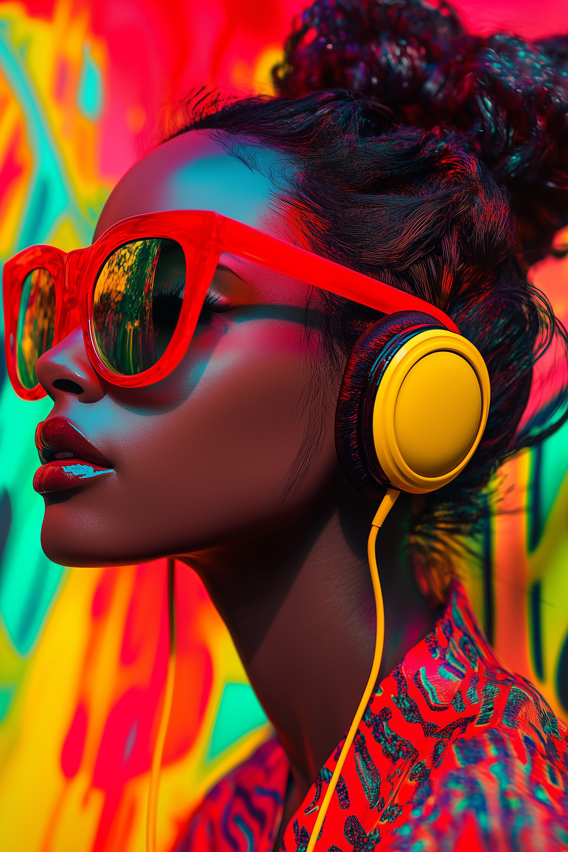 Digital painting of a beautiful Black woman wearing red sunglasses and yellow headphones in the style of David Michael Bowers