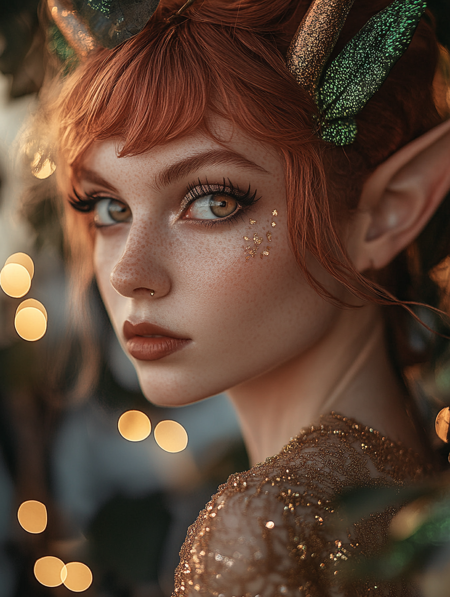 Cutesy redwood bio-wizard elf in filigree dress, expressive eyes, golden-green forms, warm backlighting