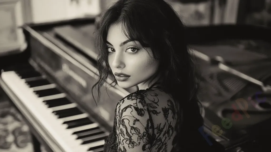 Black and white photo of woman in black lace top seated beside a piano.