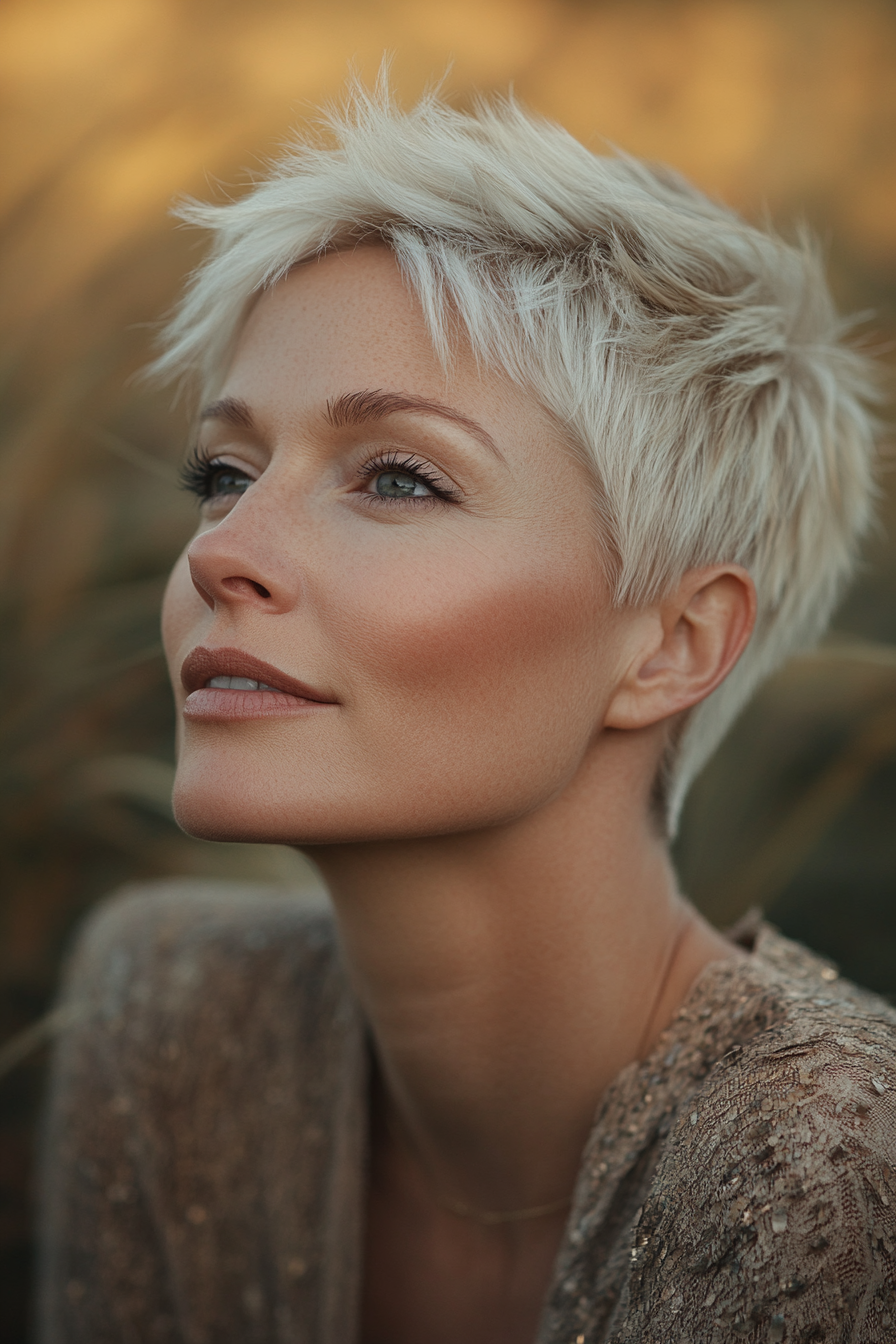 Close-up of a woman over 40 with a sun-kissed blonde pixie cut and soft highlights, captured in golden hour lighting.