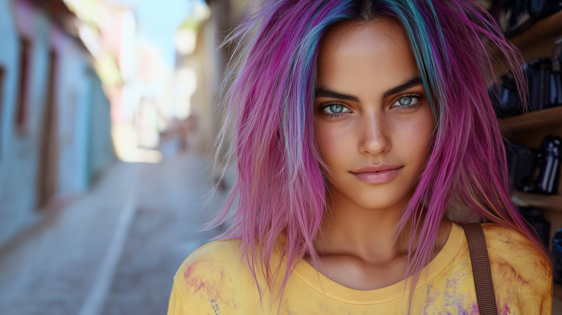 Young woman with blue and pink hair, yellow camera-print shirt, smiling in warm light in St. Petersburg