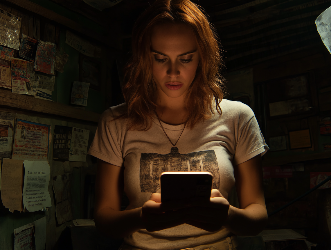 Red-haired woman in fitted t-shirt taking selfie in dark room, lit by phone glow.