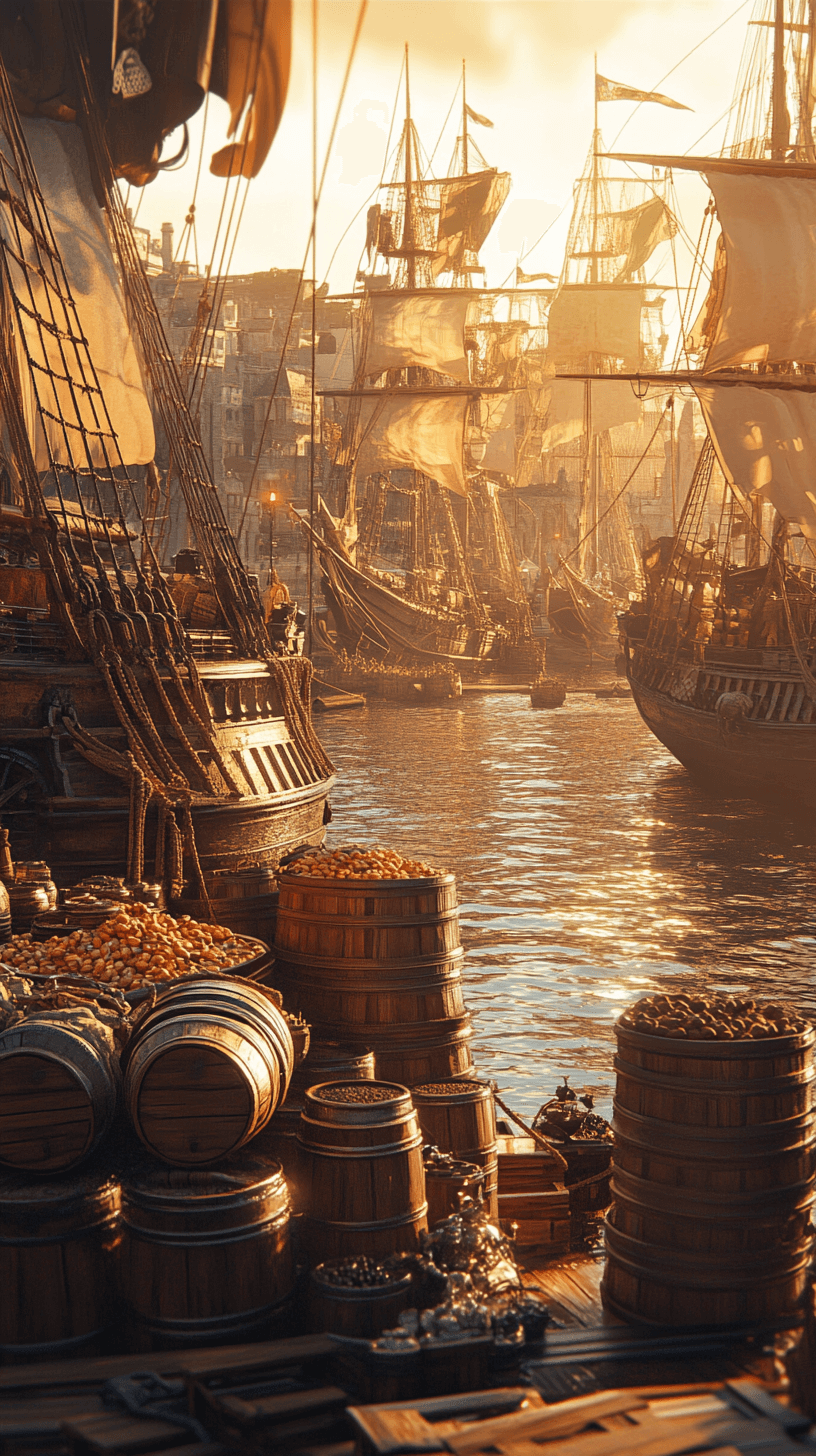 Portuguese ships at a sunrise port, loaded with exotic spices and treasures