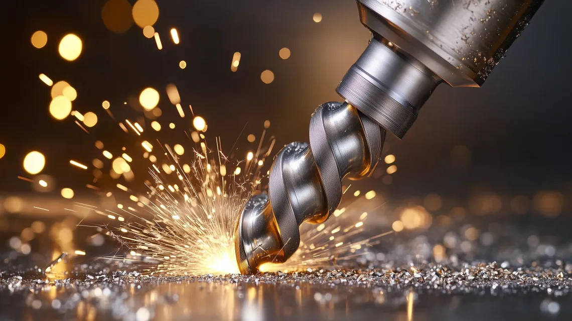 Close-up of a drill bit penetrating metal with sparks flying under bright lighting.