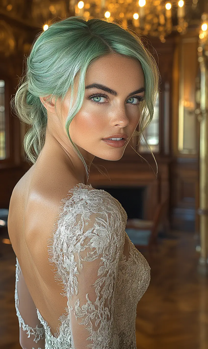 Woman with vibrant green hair wearing a flowing white dress, emanating grace, sophistication, and creativity.