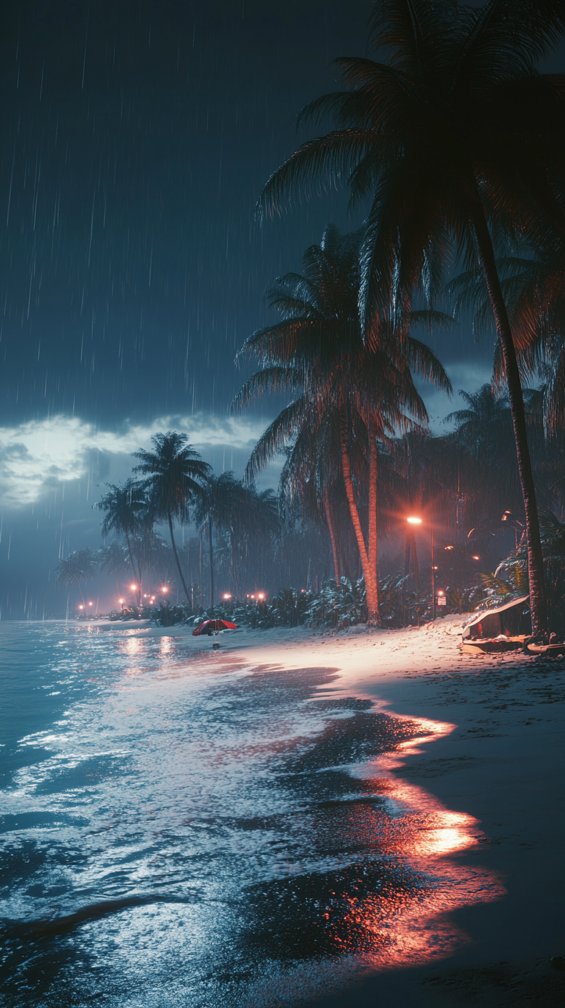 Nighttime beach with palm trees under heavy rain, cinematic lighting