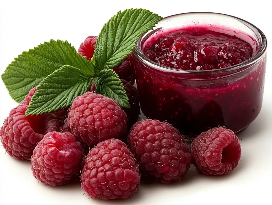 "Bowl of vibrant red raspberry jam topped with whole raspberries on a table, exuding sweetness and freshness"