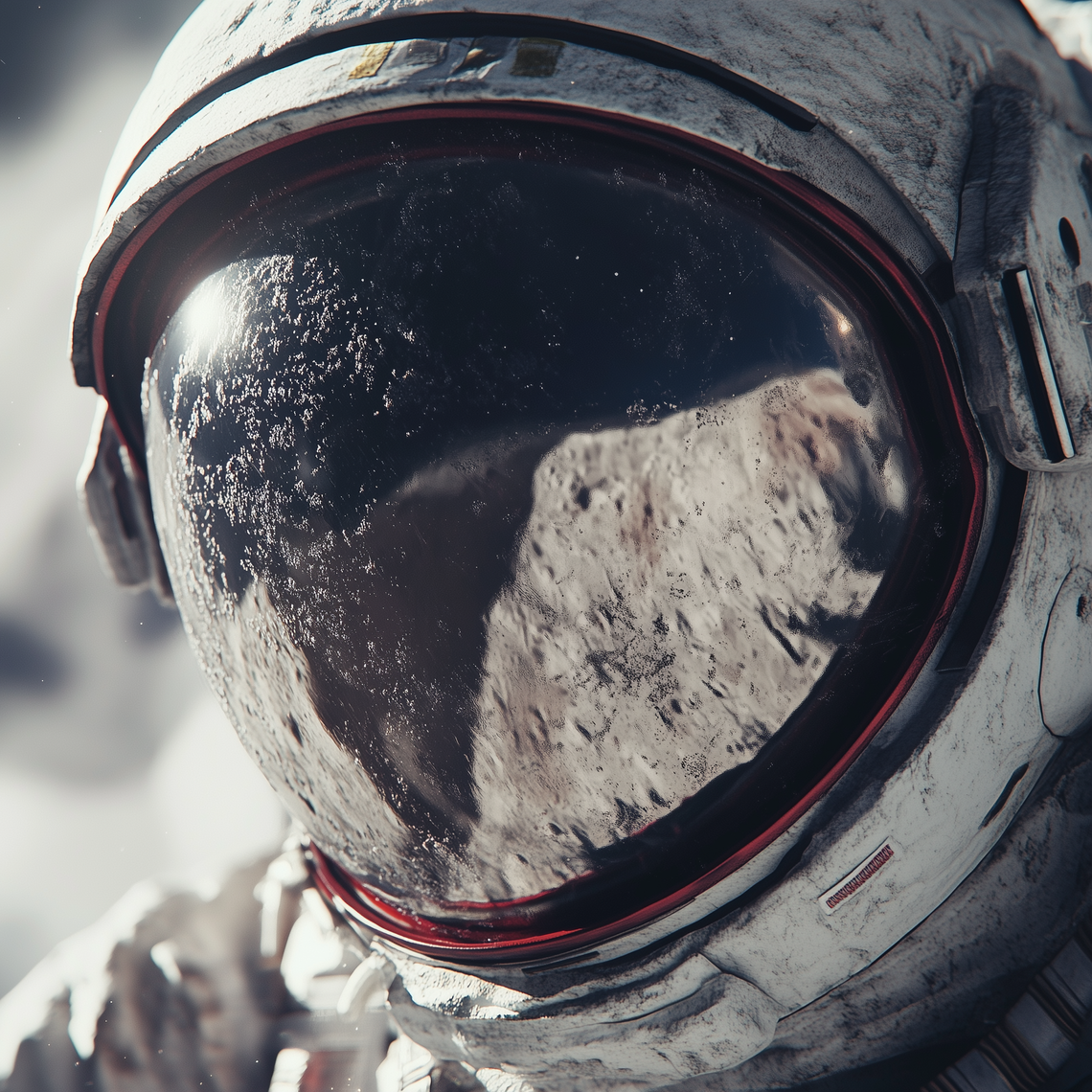 Close-up of an astronaut in a spacesuit on the Moon’s surface.