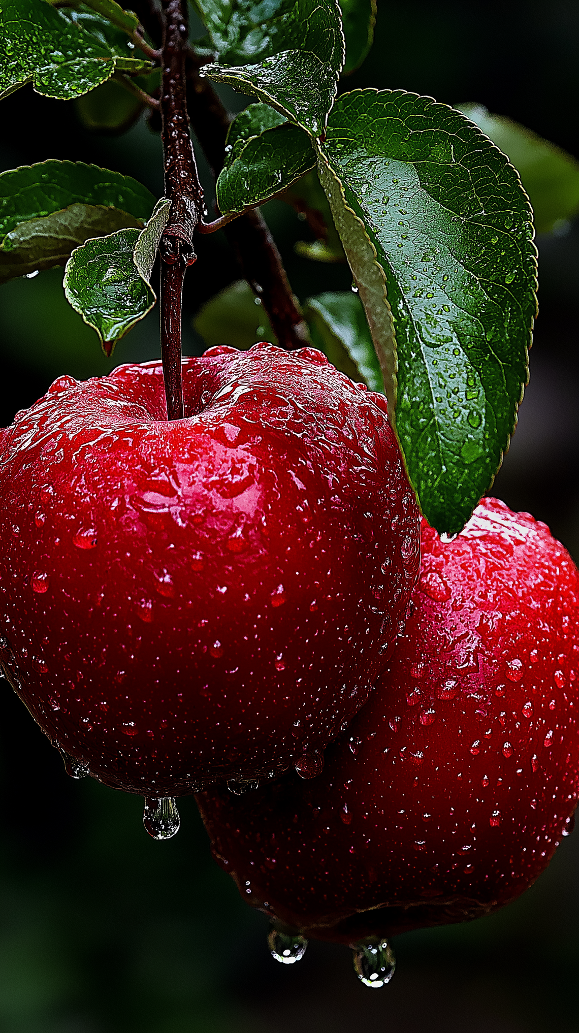 Two red apples with water droplets hanging from a branch, surrounded by green leaves, blurred background.