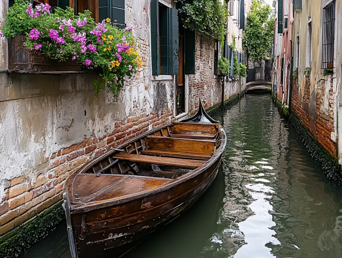 Boat docked in a narrow canal with tranquil waters reflecting surrounding buildings in a serene cityscape.