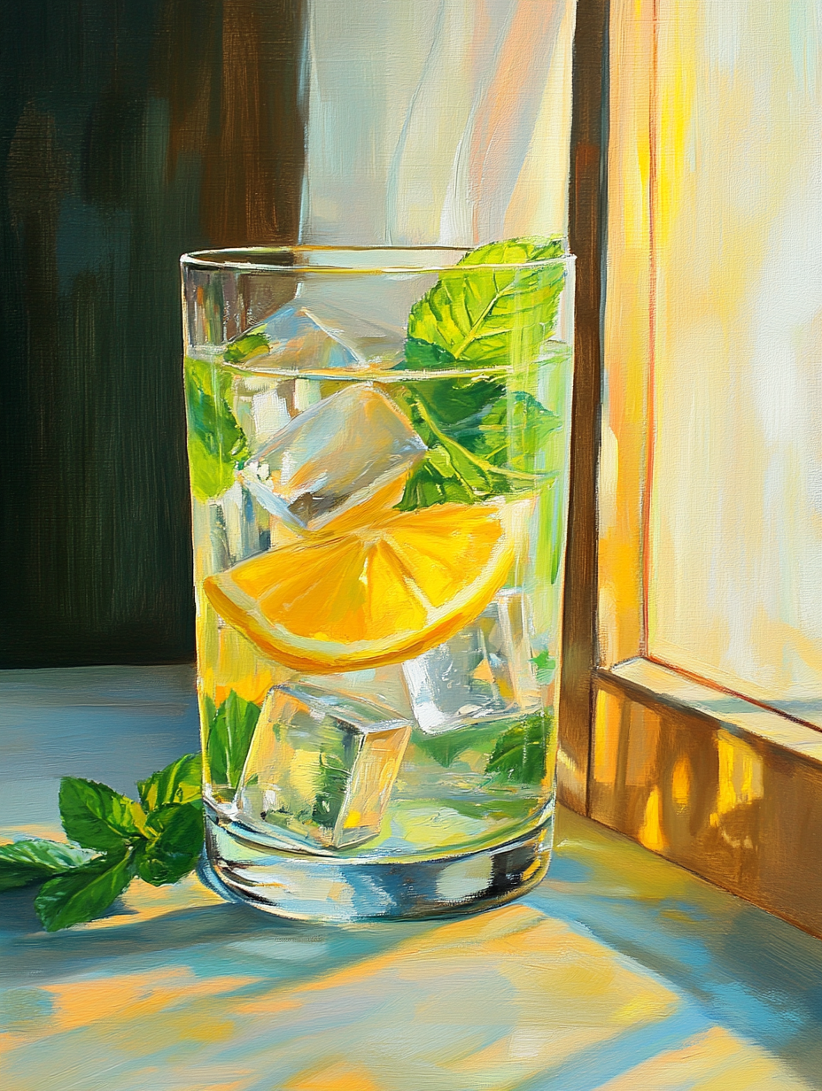 Close-up of lemonade with mint leaves and ice in sunlight on a table