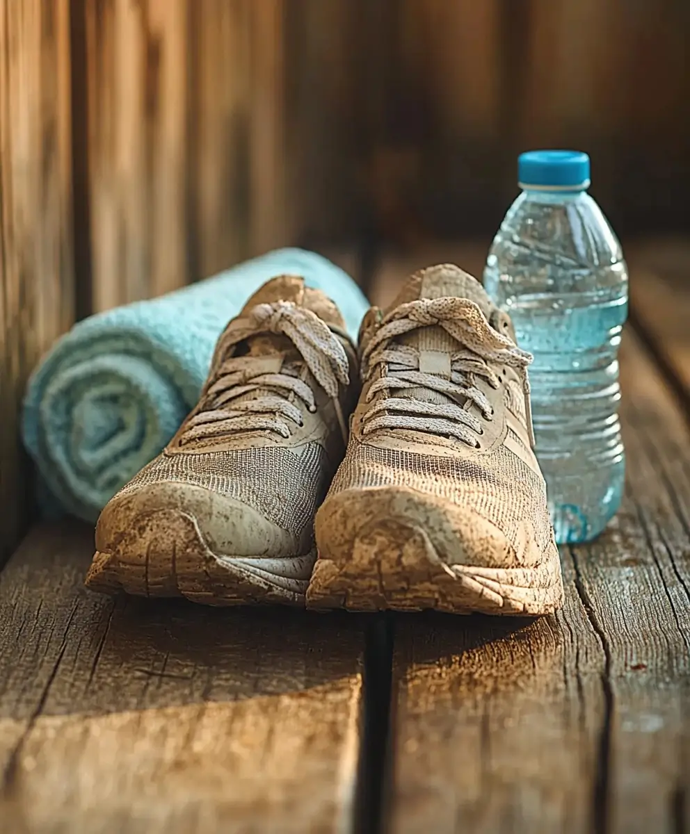 Dirty, worn shoes next to a clean water bottle, suggesting a moment of rest after an adventurous outdoor hike.