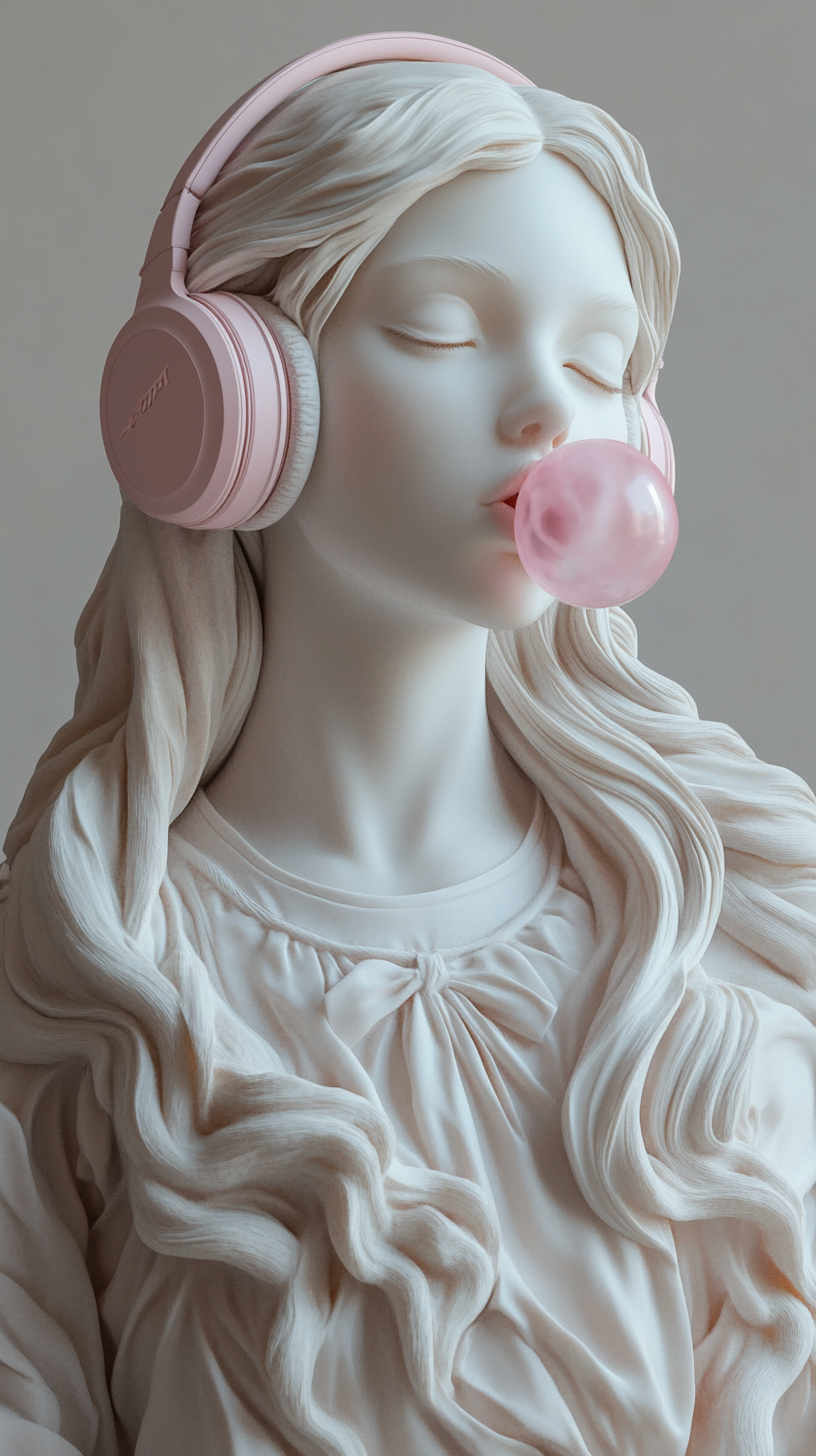 Marble statue of a woman with long hair, pink headphones, and bubblegum bubble.