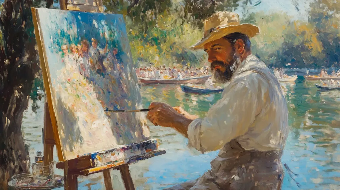 Pierre-Auguste Renoir painting "Luncheon of the Boating Party" outdoors by a river.