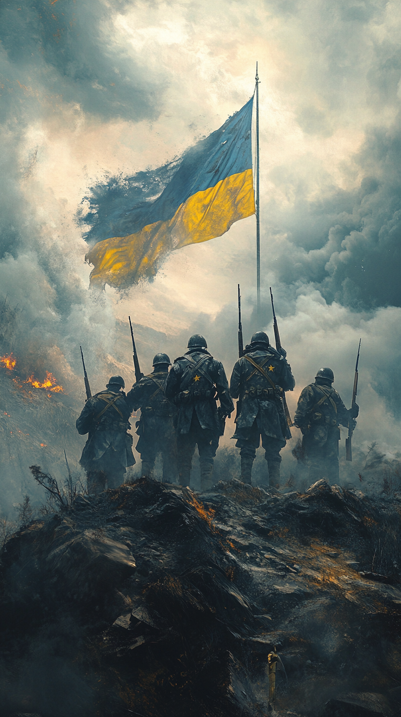 Ukrainian soldiers with determined expressions stand in a war-torn landscape, wearing weathered uniforms with Ukrainian flag