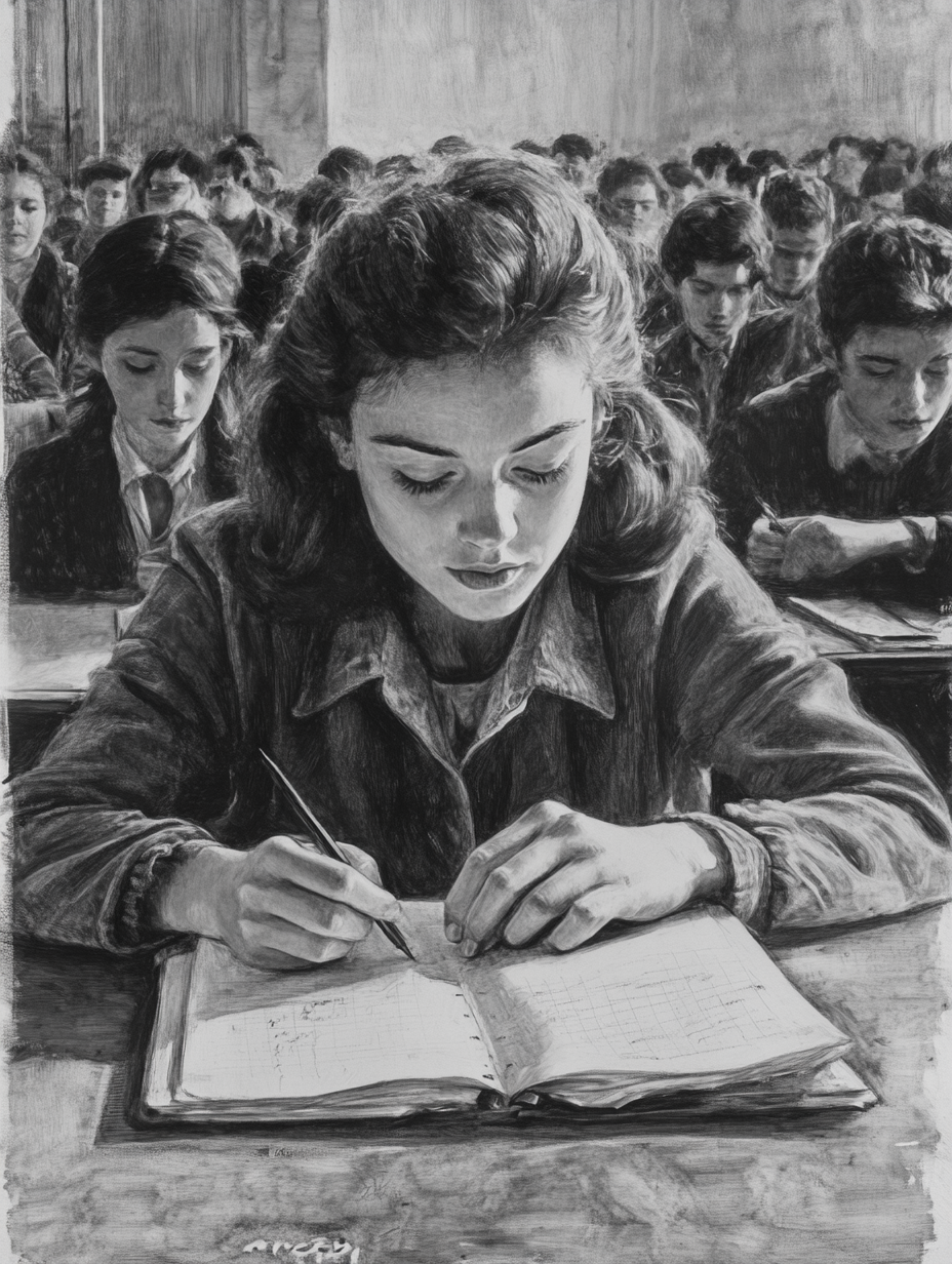 Black-and-white painting of a simply dressed girl writing in a notebook in a University of Paris classroom.