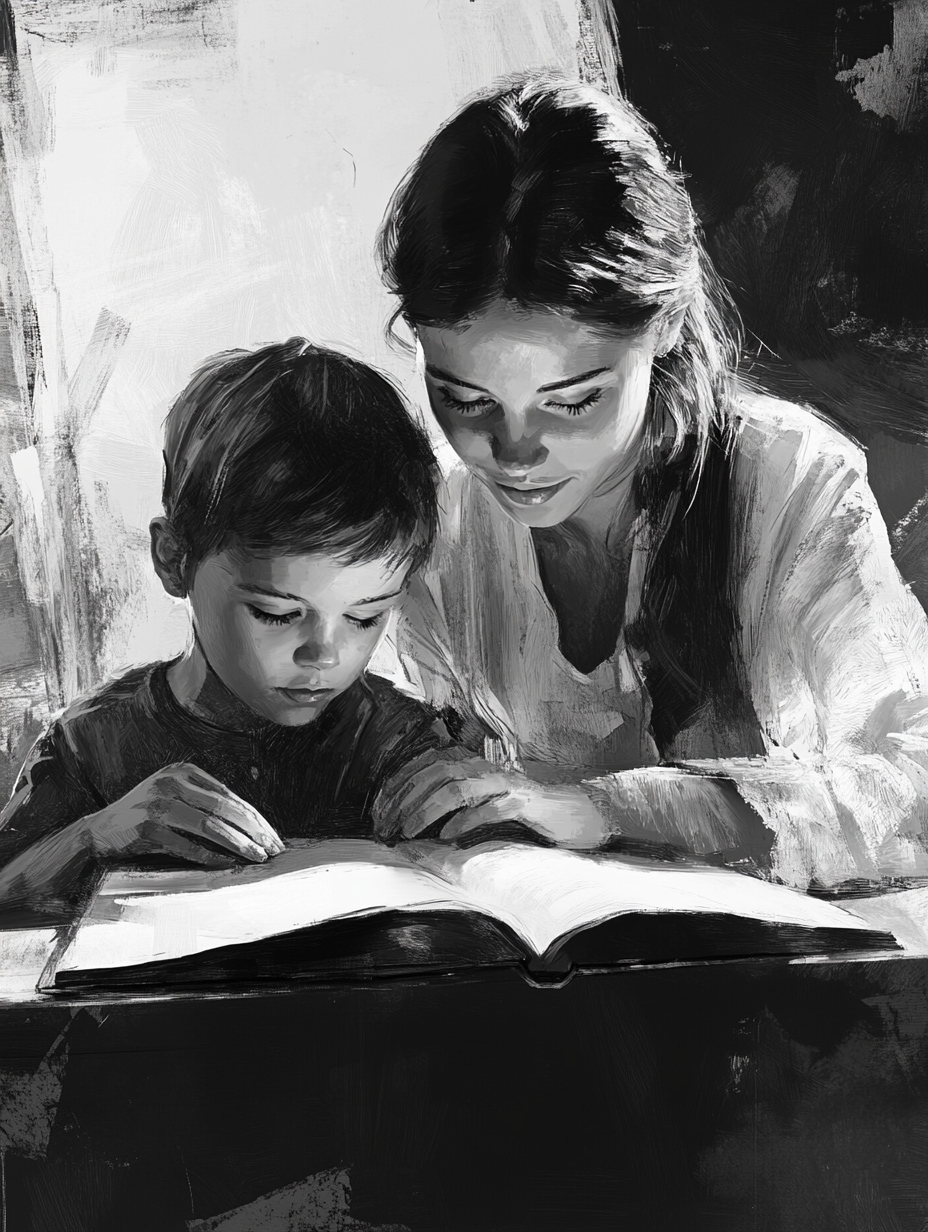 Black and white portrait of mother teaching young son in a study, realistic and retro