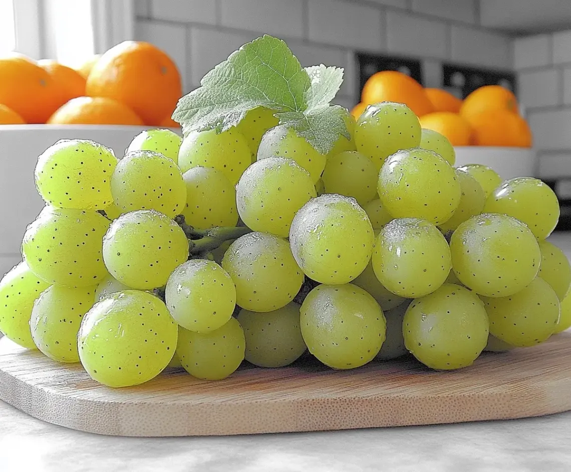 Purple grapes neatly arranged on a light brown, well-maintained wooden cutting board.