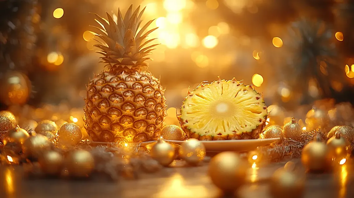 Whole pineapple and a slice on a plain white plate, showcasing the vibrant yellow flesh of the ripe fruit.