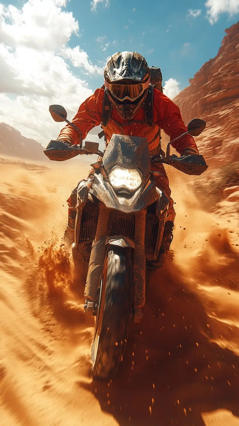 Man riding a motorcycle through a vast deserted landscape, exuding a sense of freedom and adventure.