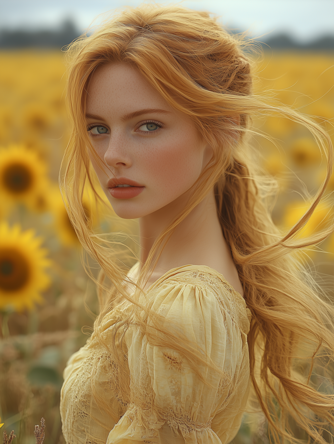 Woman standing in a field of sunflowers blowing in the wind, evoking French romanticism