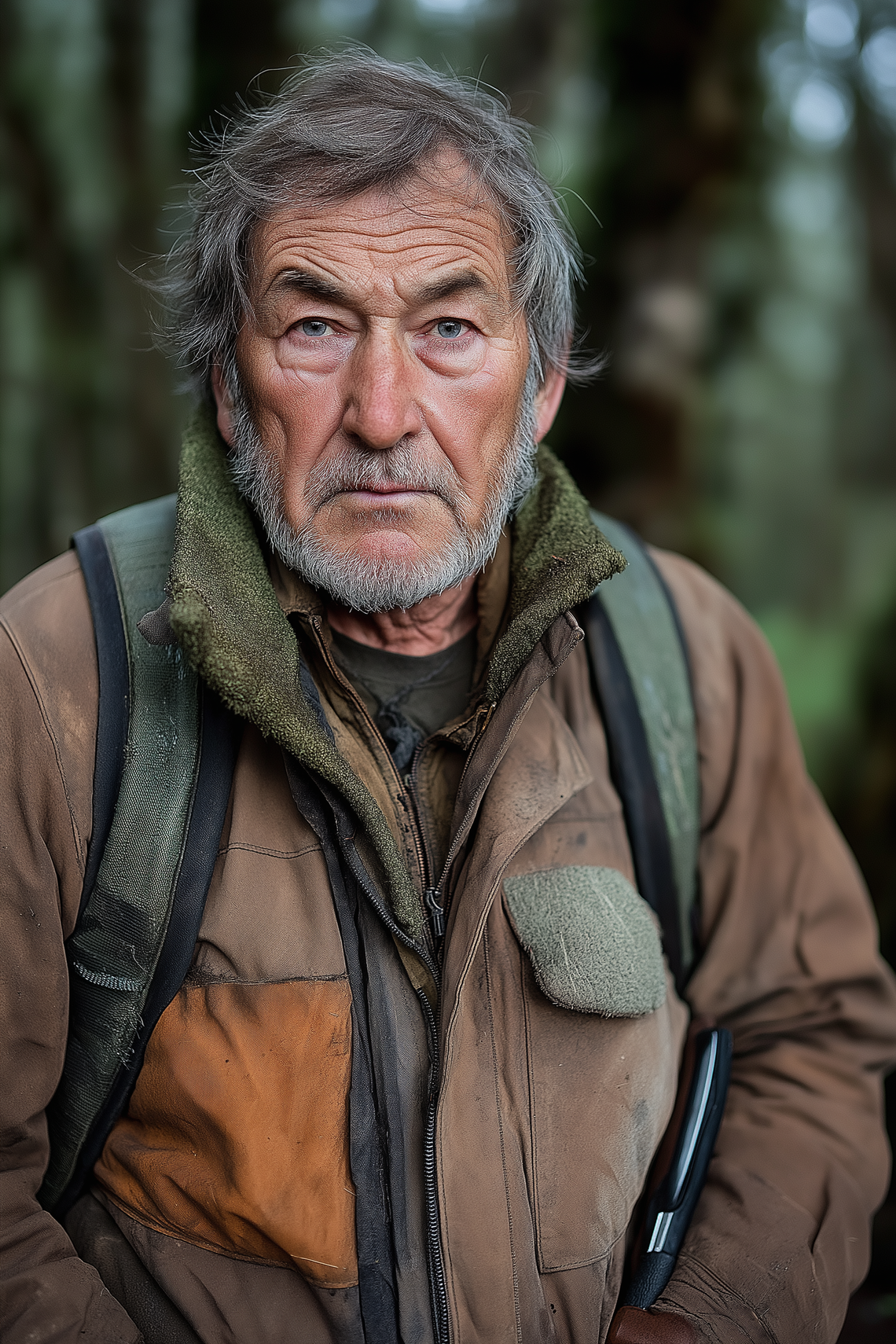 65-year-old forest ranger with rugged features, graying hair, and patched jacket, standing in misty forest