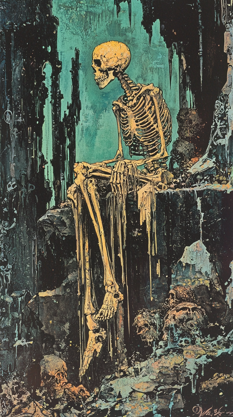 A richly colored 1970s dark fantasy illustration of the ruined throne of the Skeleton King.