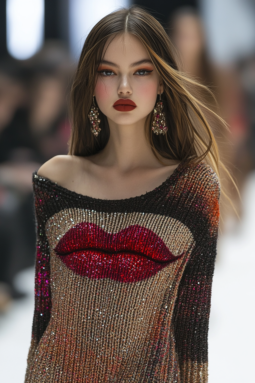 Woman wearing an oversized, long-sleeved dress with a lip design in black, red, and gold tones, inspired by Alexander McQueen