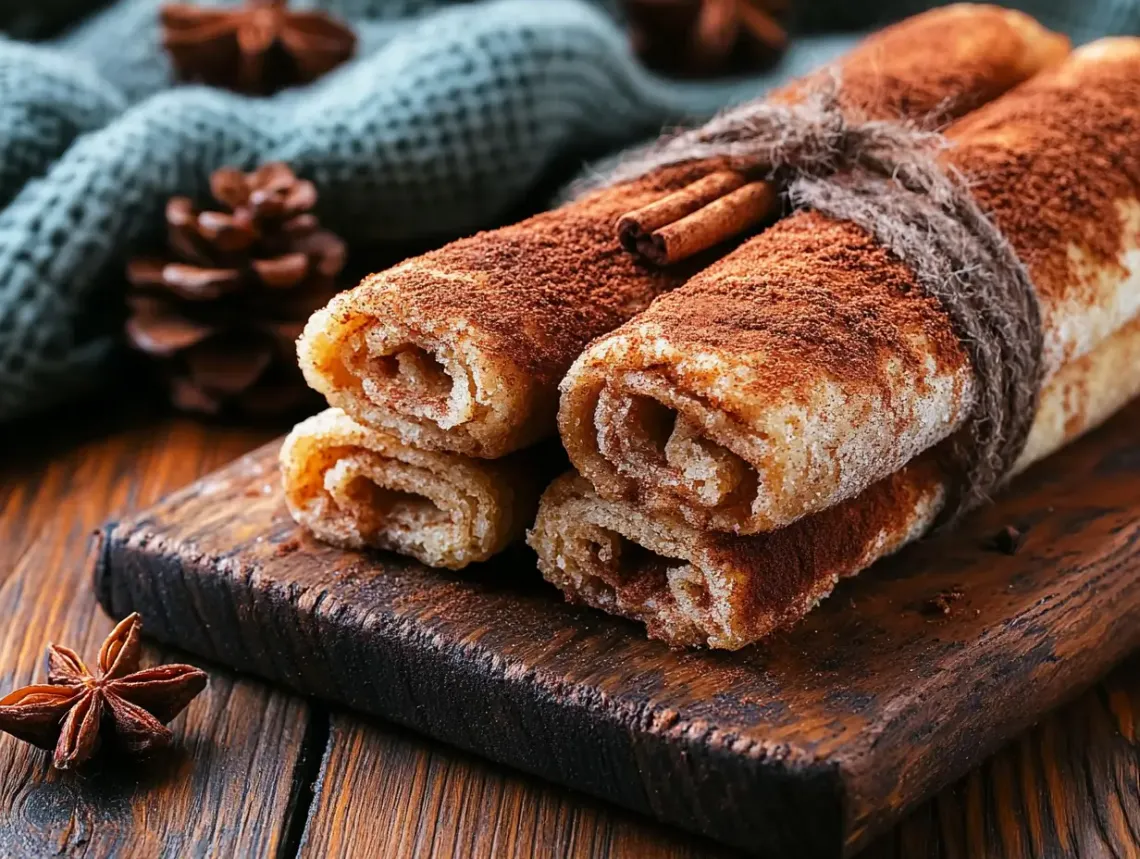 Freshly baked golden brown cinnamon rolls with visible cinnamon swirls on a rustic wooden cutting board.