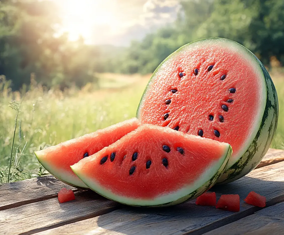 Vibrant red watermelon slice with black seeds on a rustic wooden table. 