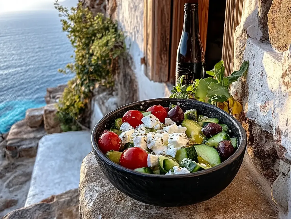 Beautifully presented bowl of salad with ripe tomatoes, crisp cucumbers, and savory olives for a healthy meal.