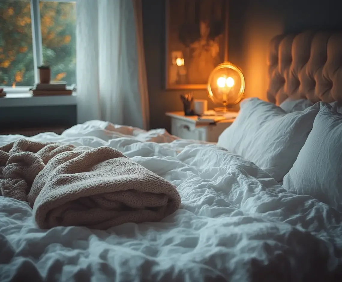 Cozy, well-lit bedroom with a neatly made bed next to a warmly lit bedside lamp, perfect for relaxation. 