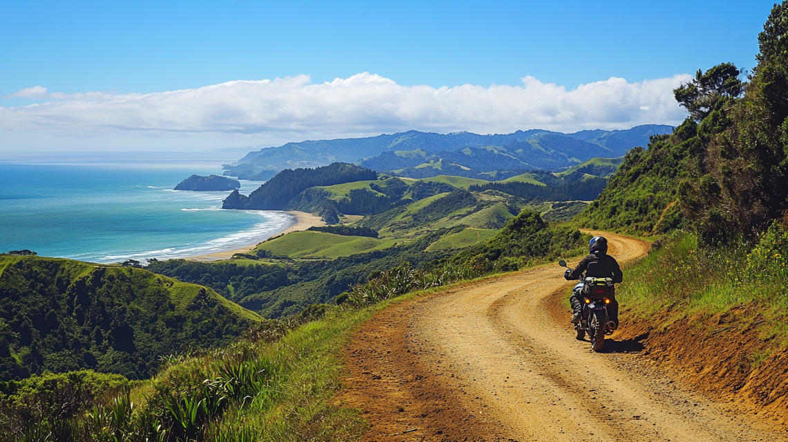 Motorbike on a scenic trail with sweeping ocean views, winding along a coastal landscape under a clear sky.