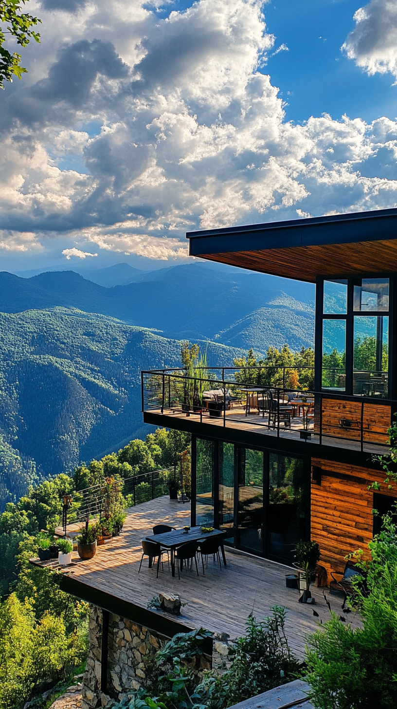 Beautiful view of the Carpathian Mountains in Ukraine, overlooking modern cottages nestled in the lush landscape below.