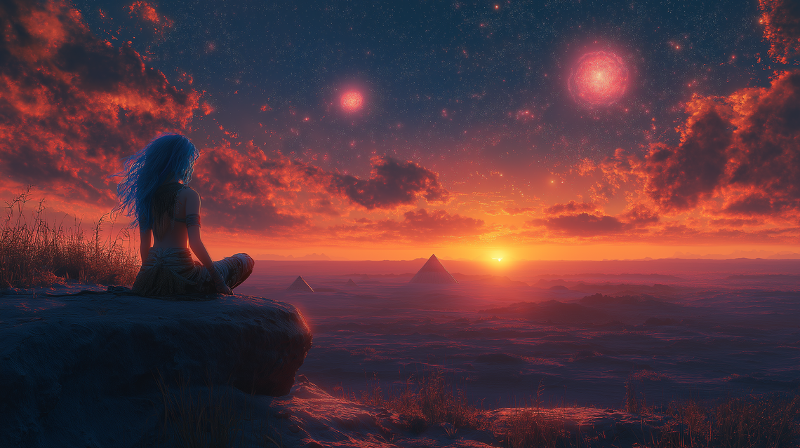 Blue-haired woman in tribal sci-fi attire on a carved rock ledge at dusk with stars, planets, and pyramids on the horizon.