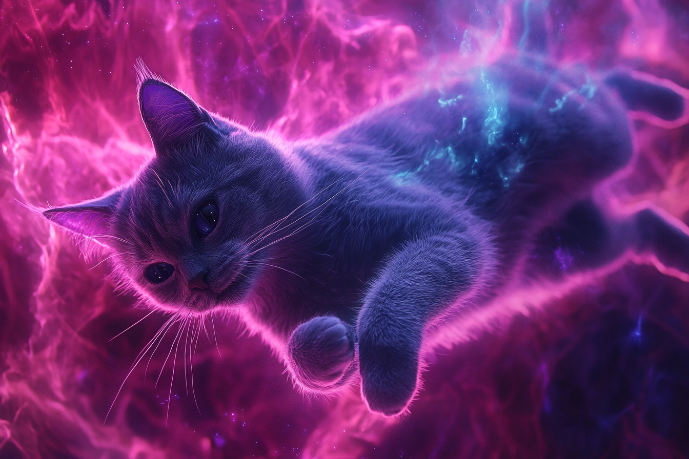 Futuristic illustration of a space cat with ambient lighting in a cool sci-fi setting.