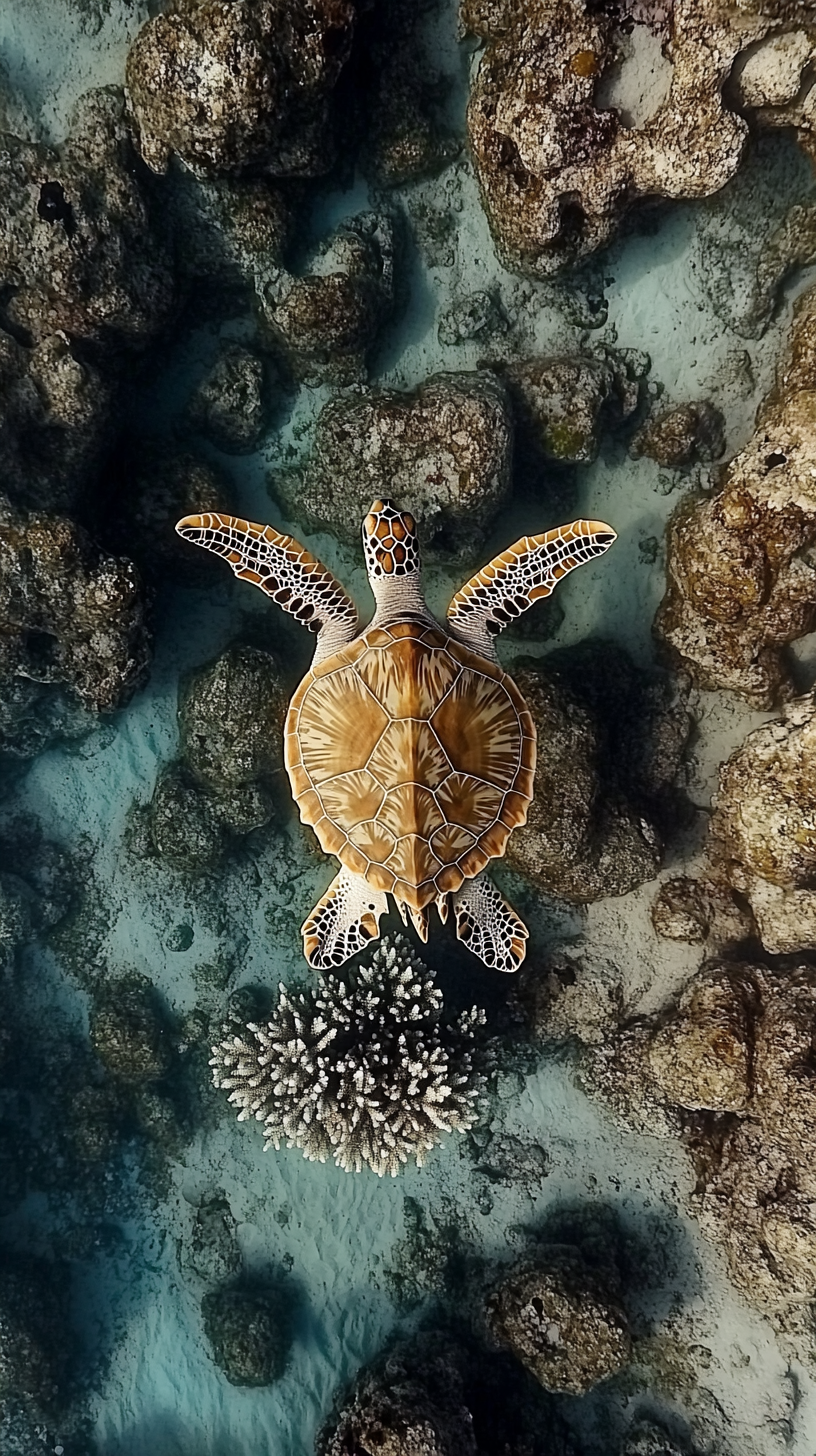 Drone view of a sea turtle gliding through colorful coral reefs in a high-definition, award-winning style