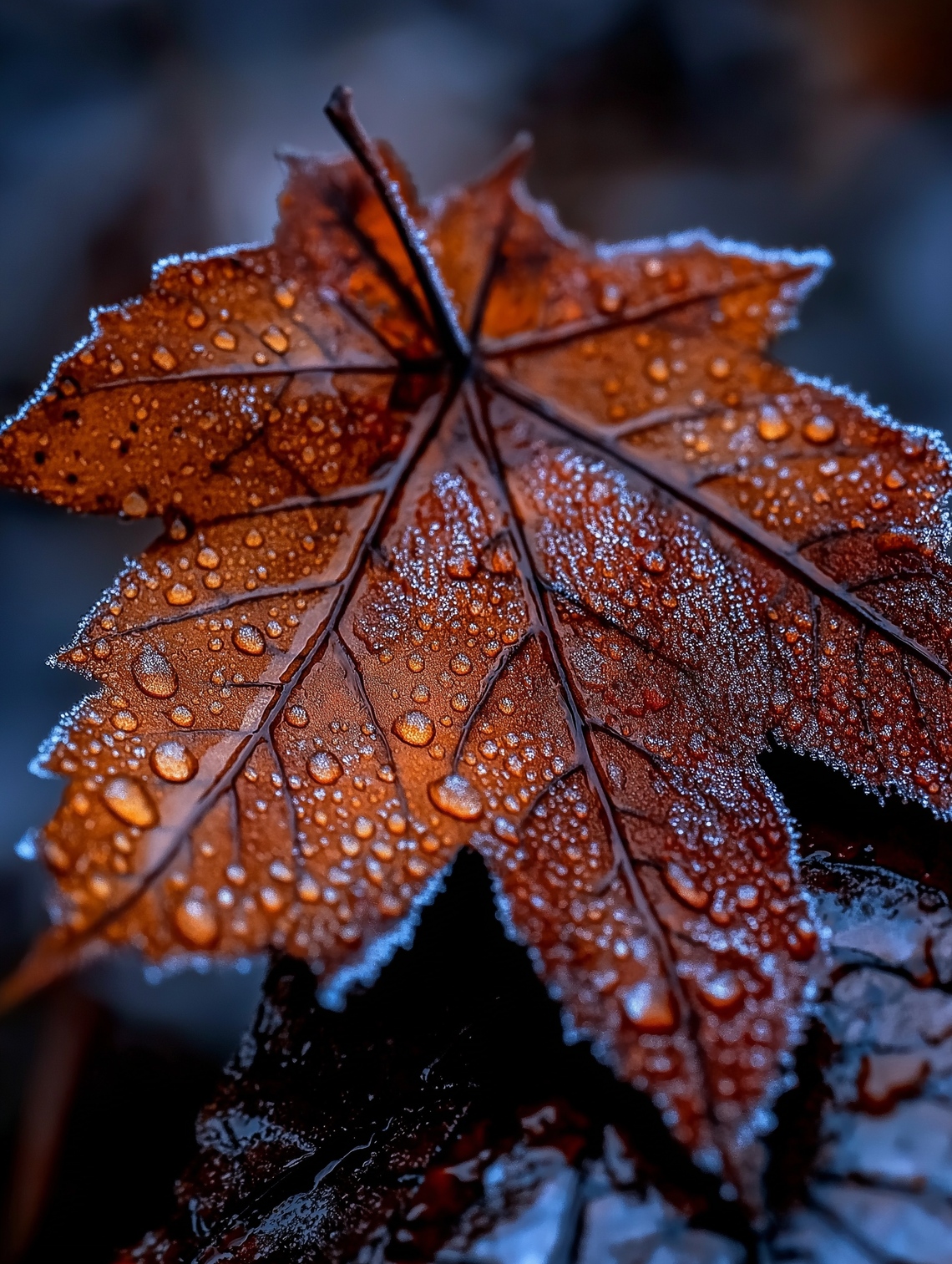 High-definition image of frosted maple leaf and red persimmon on blue background, symbolizing Frost solar term