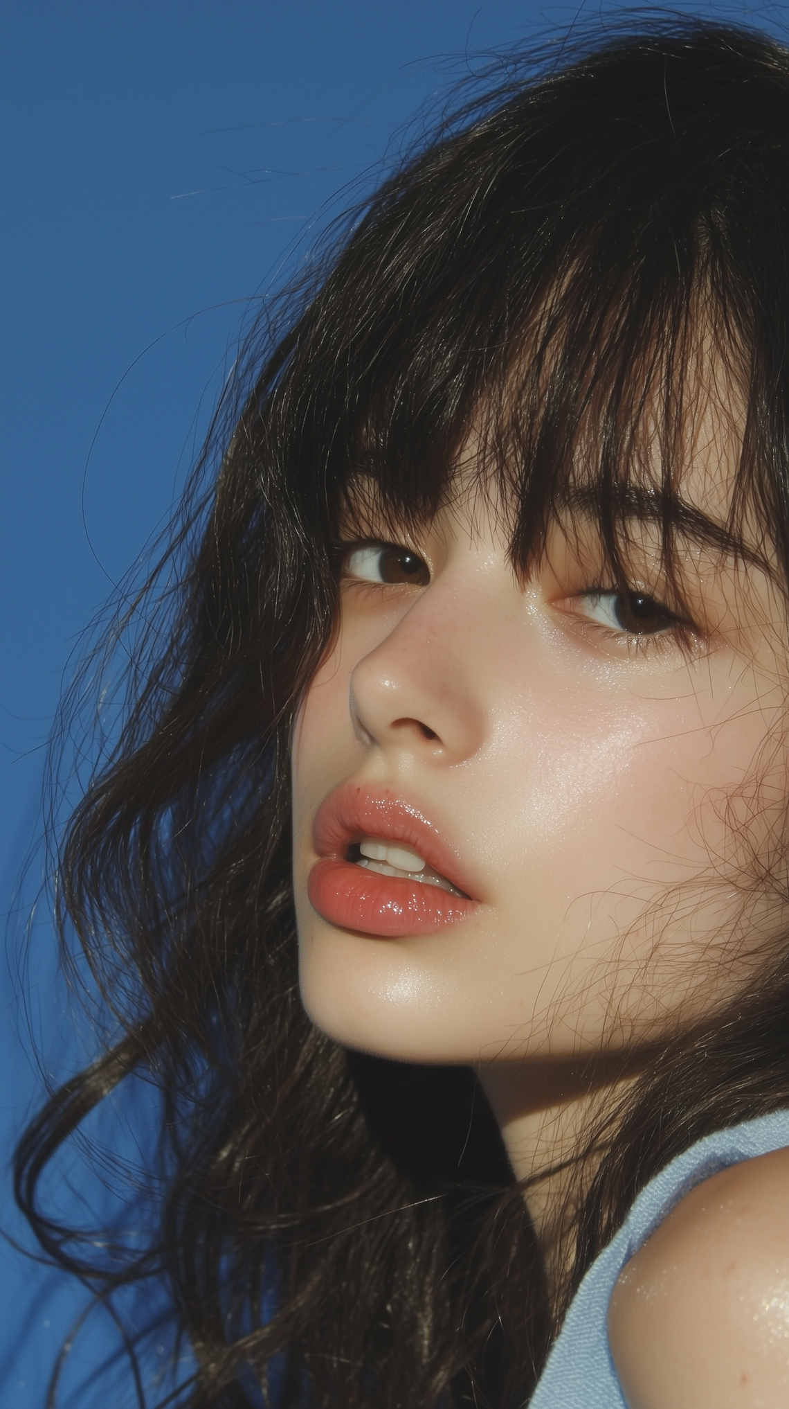 Close-up editorial portrait of a young Korean model with radiant skin, soft makeup, and a serene expression.