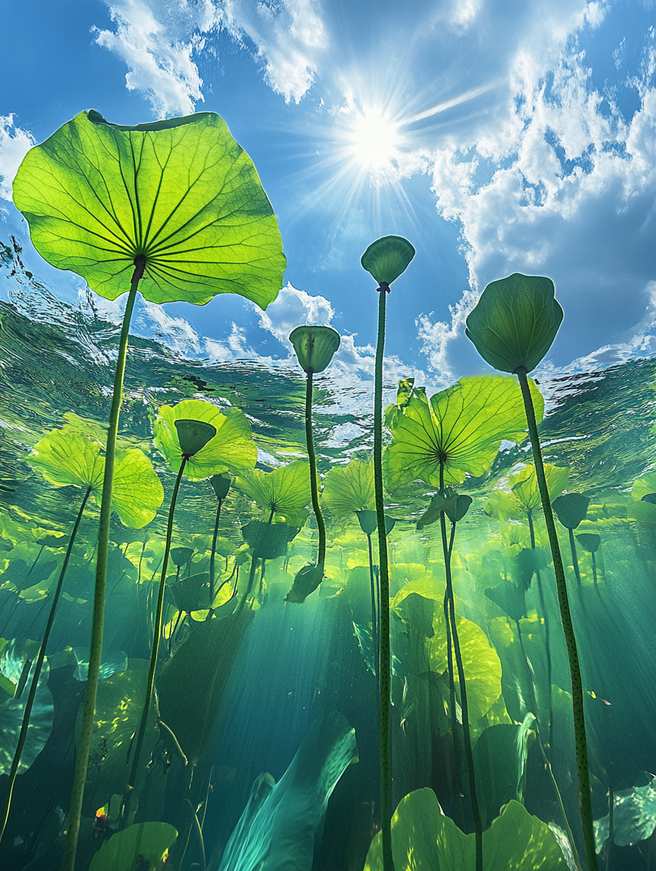 Photography from water level showing lotus leaves and green buds on tall stems.