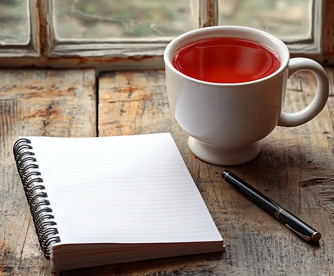 Serene setting with a table holding a steaming cup of tea and a blank notebook for a quiet study or reflection moment.