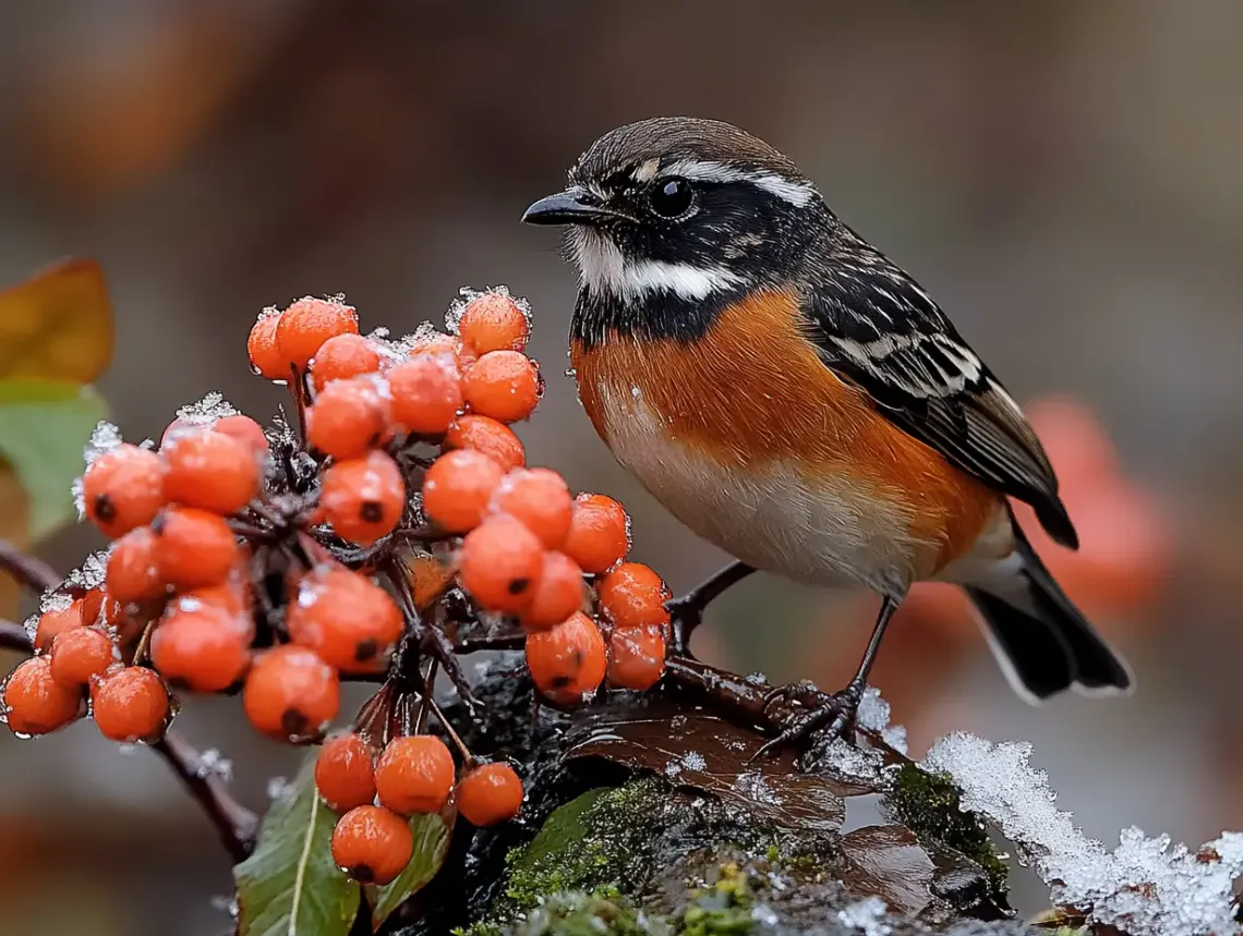 Bird perched on a branch with red berries against lush green foliage, representing a serene moment in nature.