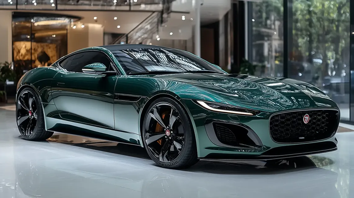 A vibrant green luxury sports car on display in a sleek, modern, well-lit showroom.