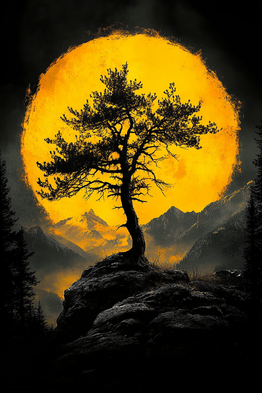 Large tree silhouetted in front of a massive moon on a dark mountain scene