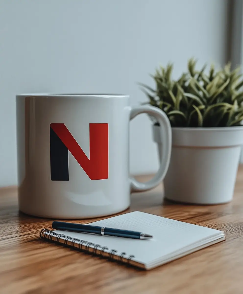 White coffee mug with a distinctive red 'n' logo, highlighted in a well-lit, clear image.