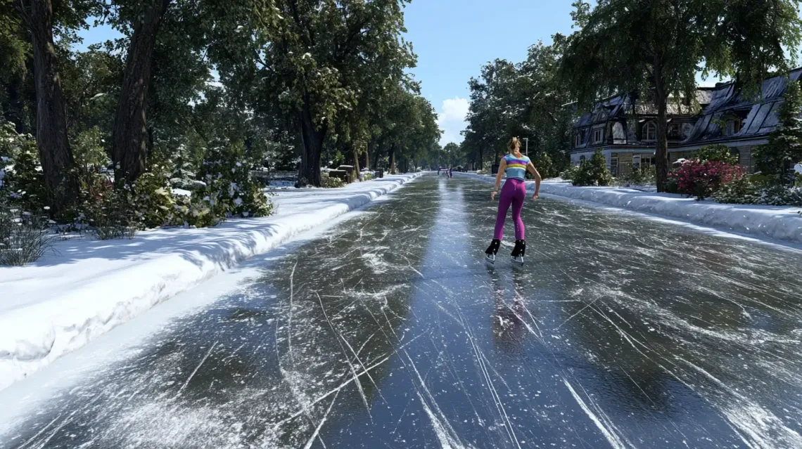 Person skiing down a quiet snow-covered street in winter gear.