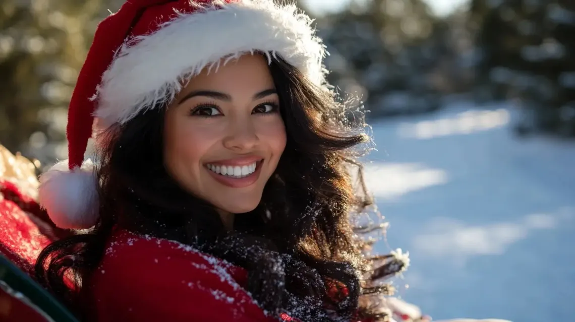 Woman wearing a Santa hat sitting alone in a sleigh, indicating a joyful moment during the holiday season.