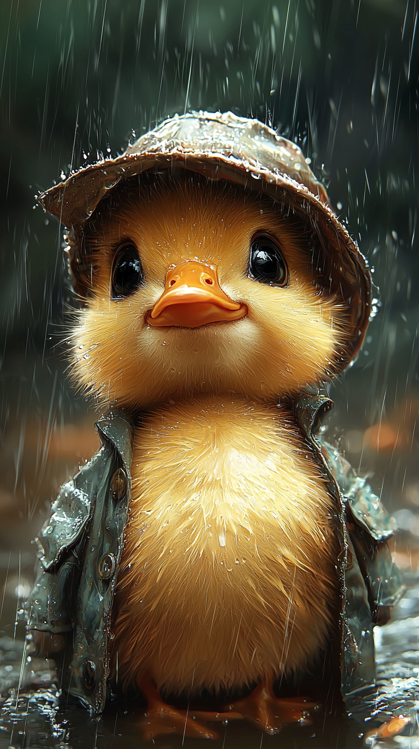 Adorable duckling in raincoat and hat, smiling in the pouring rain against a dark green background