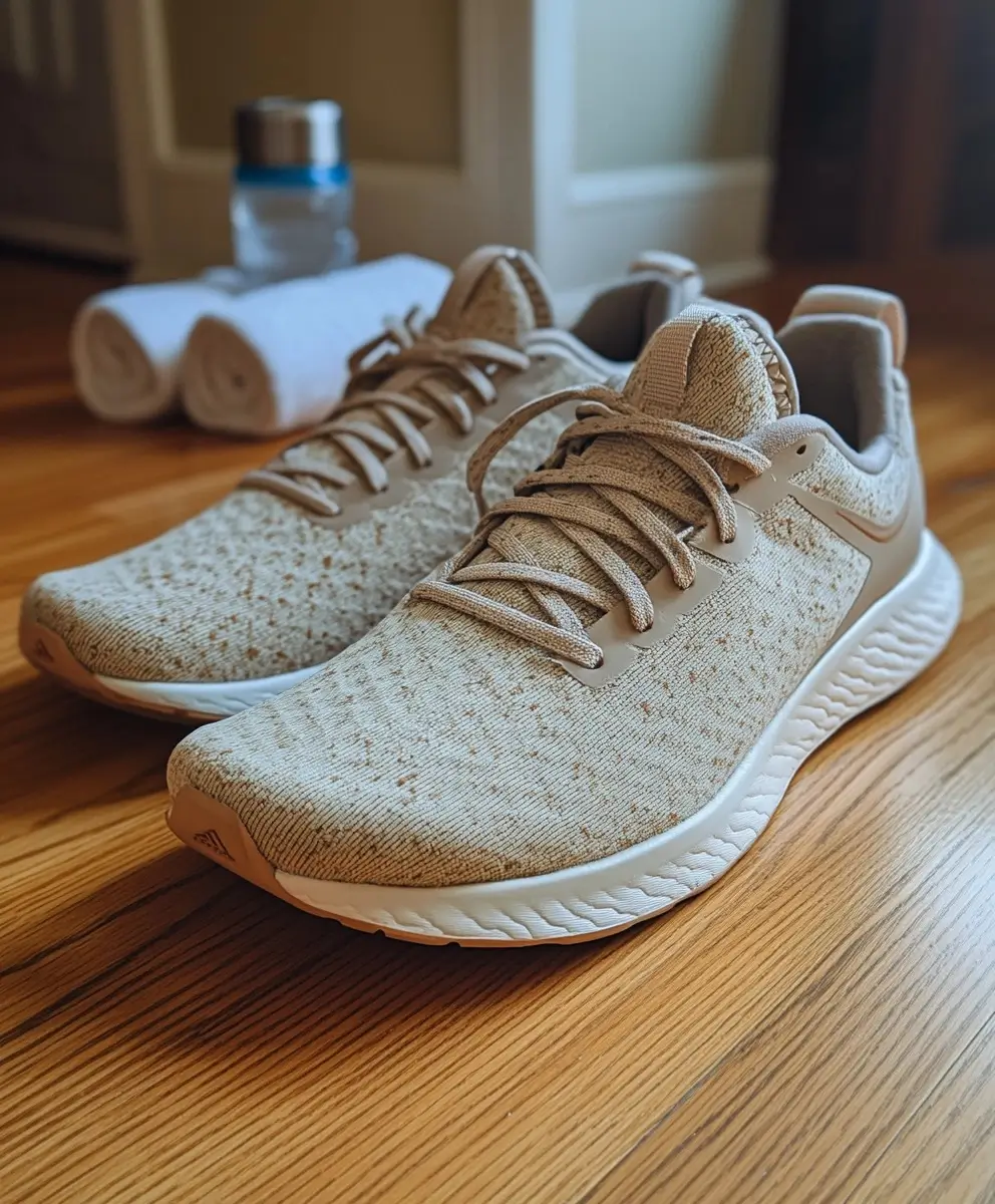 Pair of worn casual sneakers on a polished wooden floor with soft lighting and gentle shadow.